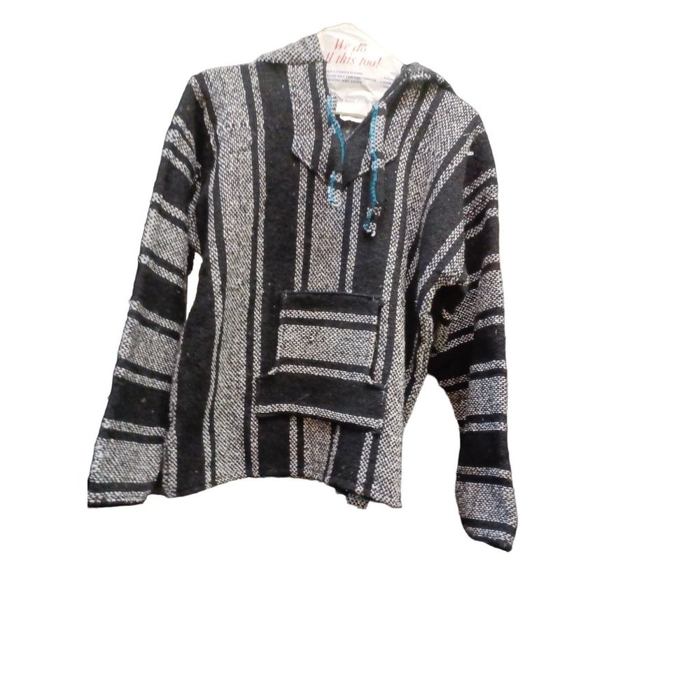 Vel-Mex Hooded Baja Boho Hippie Pullover Sweater Small Black & White Stripes